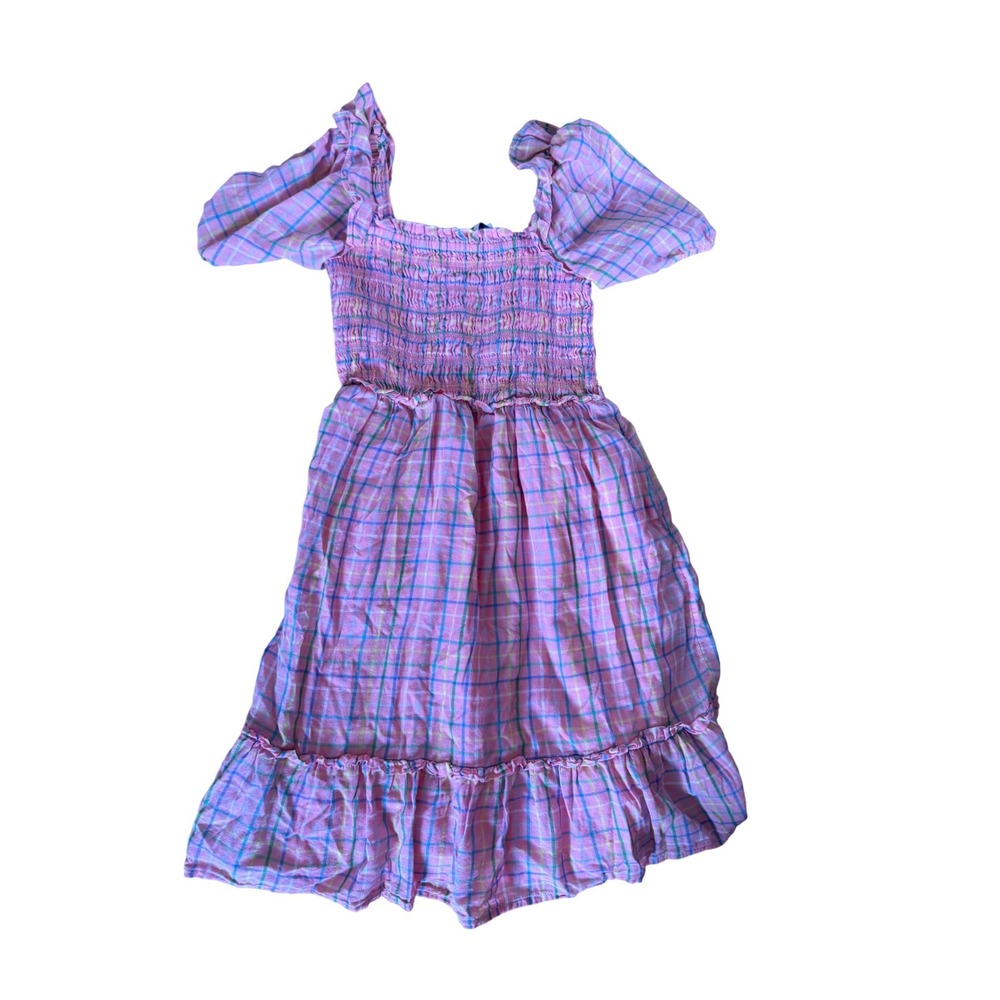 Vineyard Vines Girls Pink Plaid Smocked Puff Sleeve Tiered Dress XS 5-6